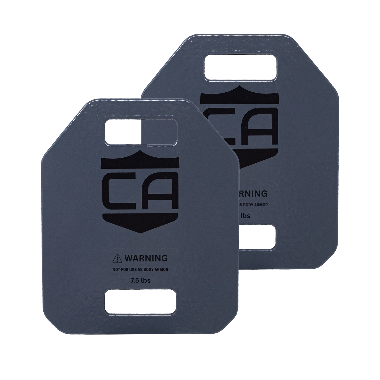 Caliber Armor Weighted Training Plates, sold in pairs and available in 5, 7.5, 10, or 15 lbs, are gray steel plates with handles and warning labels—ideal for fitness plate workouts or adding resistance to your vest.