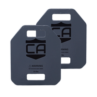 Thumbnail for Caliber Armor Weighted Training Plates, sold in pairs and available in 5, 7.5, 10, or 15 lbs, are gray steel plates with handles and warning labels—ideal for fitness plate workouts or adding resistance to your vest.