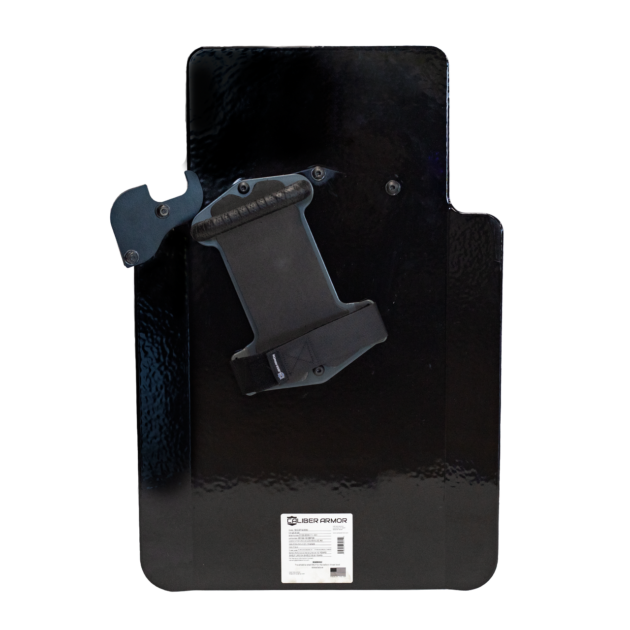 Backside of black protective shield with weapon support bracket mounted and pivoting handle
