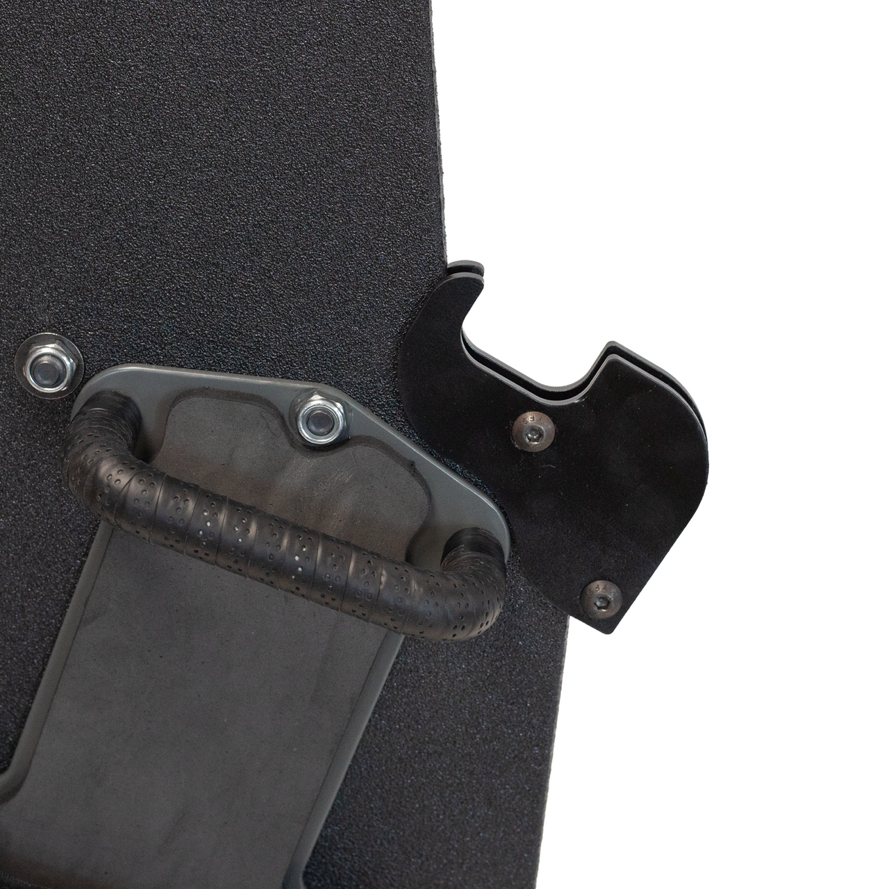 back of ballistic shield with universal weapon support bracket bolted on it