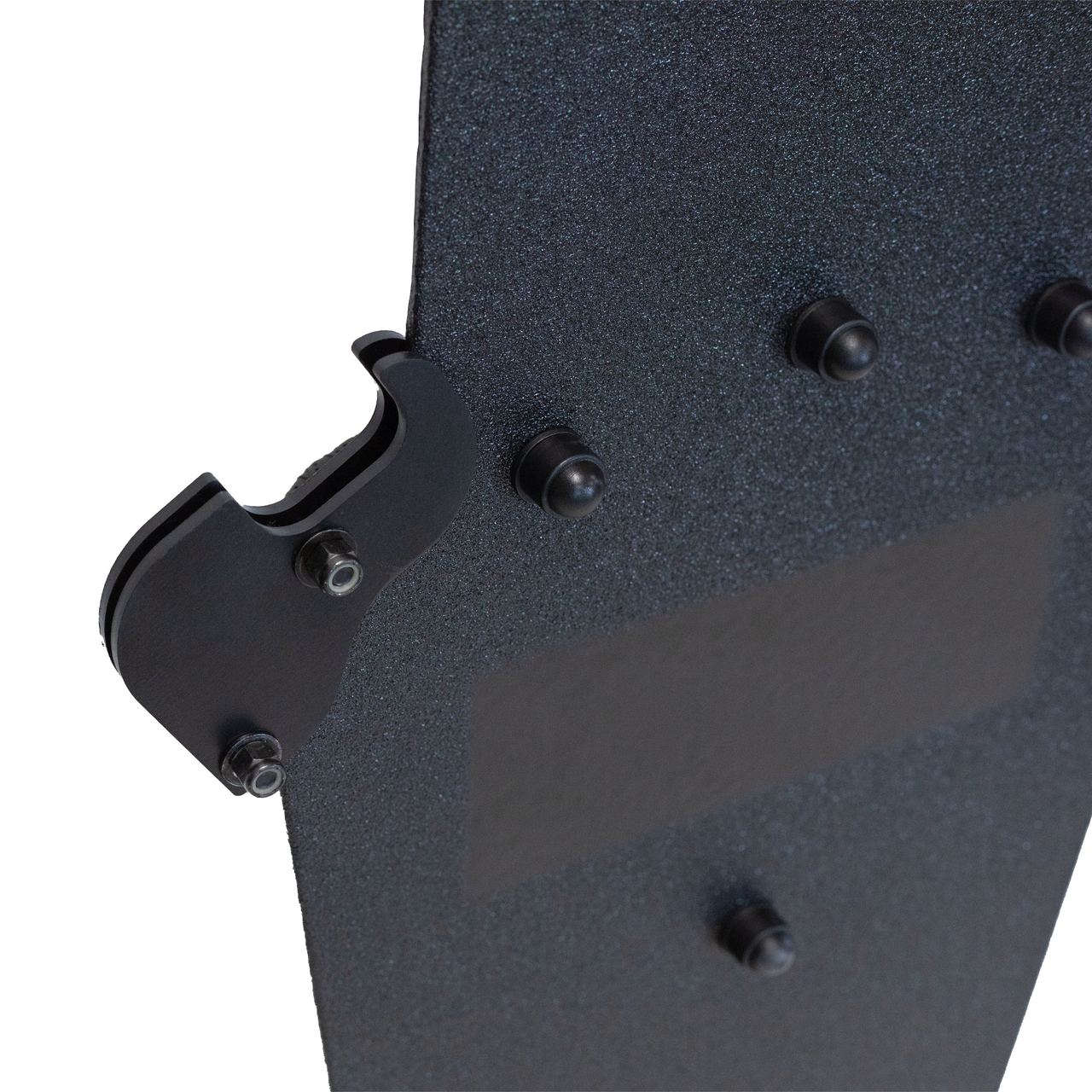 Black metal weapons support bracket attached to a bulletproof metal shield, bracket can be mounted on both istol & rifle rated shields