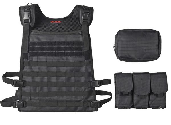 A Tactical Scorpion Gear Wildcat MOLLE Armor Plate Carrier Vest with MOLLE accessories and straps.