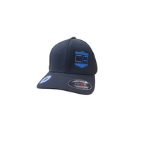 Thumbnail for The Caliber Armor Hat by Caliber Armor features a dark blue color with a blue shield and letter design on the front, plus a Flexfit sticker on the brim—a stylish way to show your support.