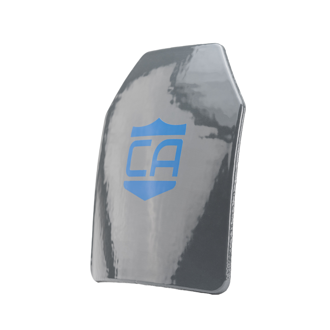 The Caliber Armor CaliberHX IIIA Hard Armor Gray Man Concealable Plate features a gray design with a blue shield logo and "CA" on the front, made for use with body armor, shown isolated on a white background.