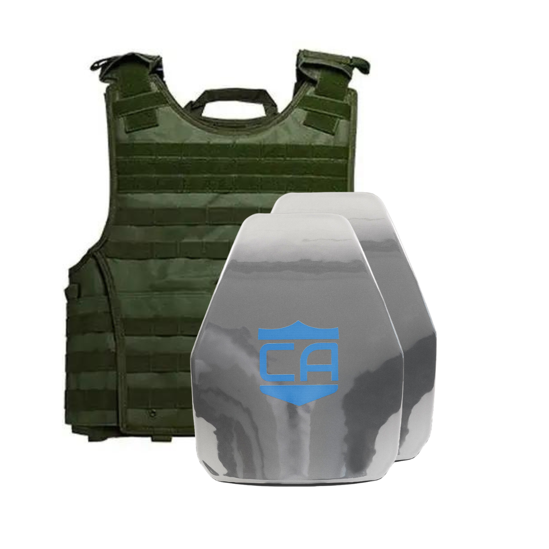 The Caliber Armor AR550 III+ VISM Expert 8x10 Body Armor Package by Caliber Armor is shown with a green plate carrier behind two gray plates featuring a blue logo, highlighting advanced protection.