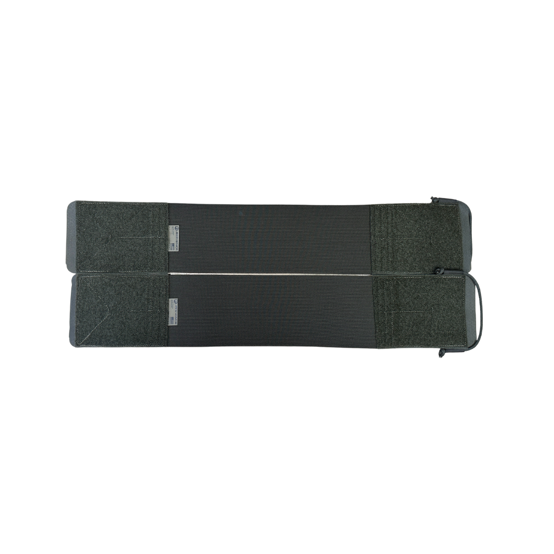 A foldable black and dark gray solar panel with handles, laid flat on a light background—ideal for outdoor setups or pairing with your Caliber Armor DV8 Replacement Cummerbund by Caliber Armor.