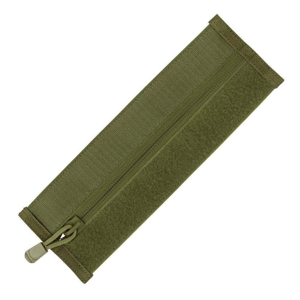 A rectangular olive green fabric pouch with central zipper and reinforced edges, inspired by tactical innovation—perfect for attaching to plate carriers or pairing with Caliber Armor Zipper Strip systems.