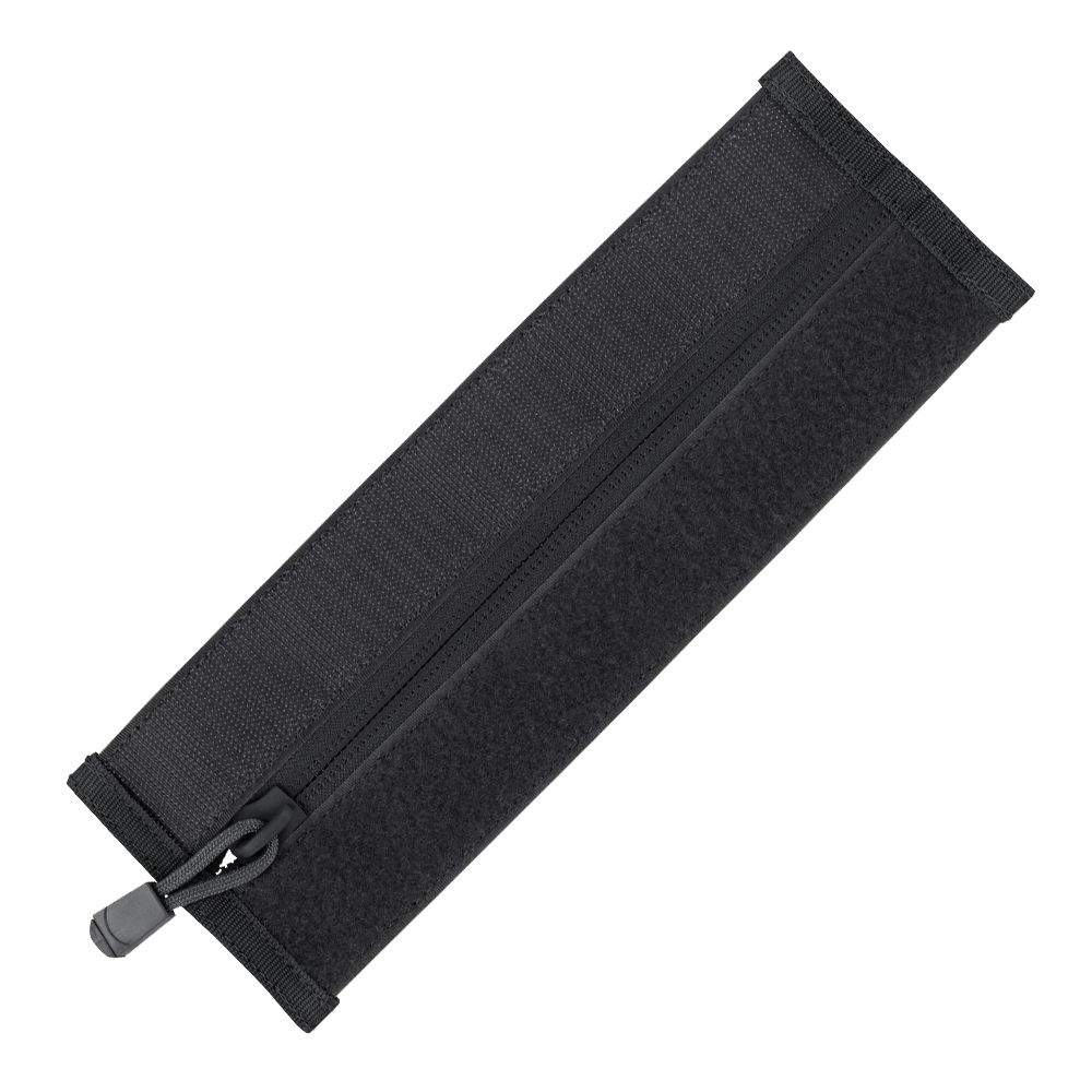 The Caliber Armor Zipper Strip is a black rectangular fabric pouch with a center zipper and pull tab, offering tactical innovation—ideal for use with plate carriers or the Caliber Armor Zipper Strip system.