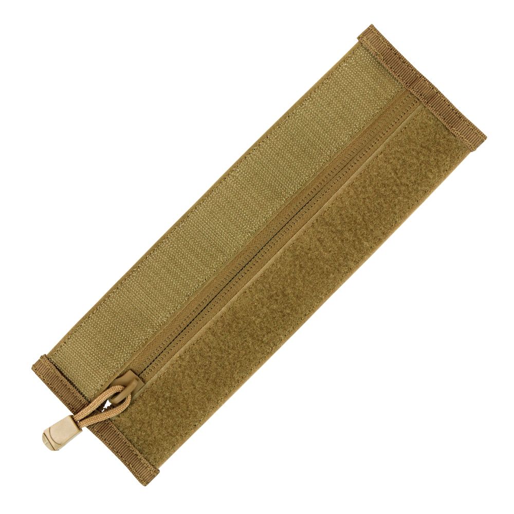 Tan rectangular pouch with a central zipper and Velcro strip, designed for tactical use with plate carriers. Shown flat on white, it pairs perfectly with the Caliber Armor Zipper Strip system.