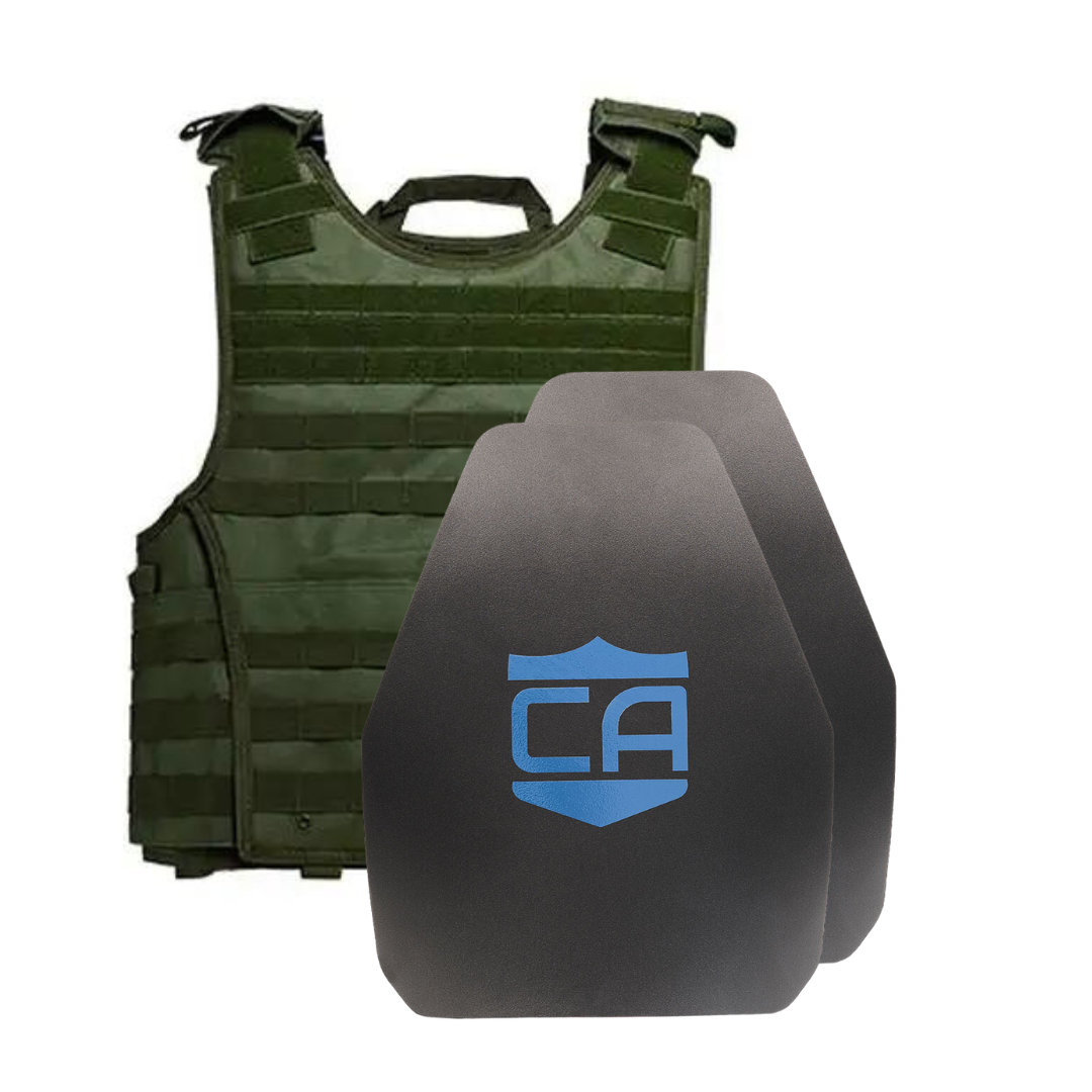 The Caliber Armor AR550 III+ VISM Expert 8x10 Body Armor Package by Caliber Armor is shown with a green tactical plate carrier behind two black plates featuring a blue "CA" logo, all set against a white background.