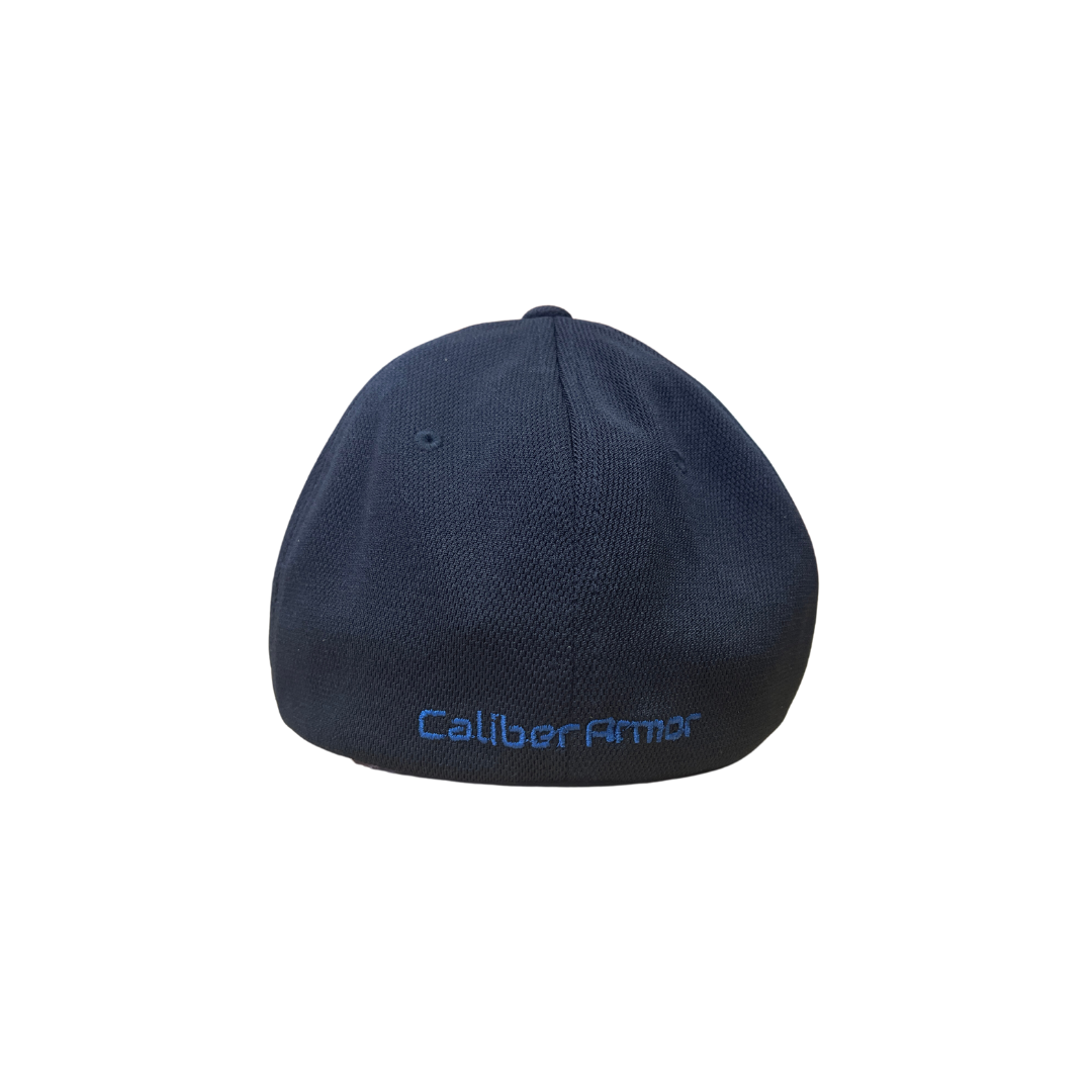 Navy blue fitted Caliber Armor Hat shown from the back, with "Caliber Armor" in blue embroidery near the bottom edge—a stylish way to support Caliber Armor.