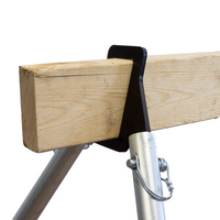 Thumbnail for The Double Tap Industries 2x4 Hybrid DIY Target Stand Bracket Kit for Steel Targets supports a wooden beam with steel legs, creating a sturdy target stand, shown isolated on a white background.