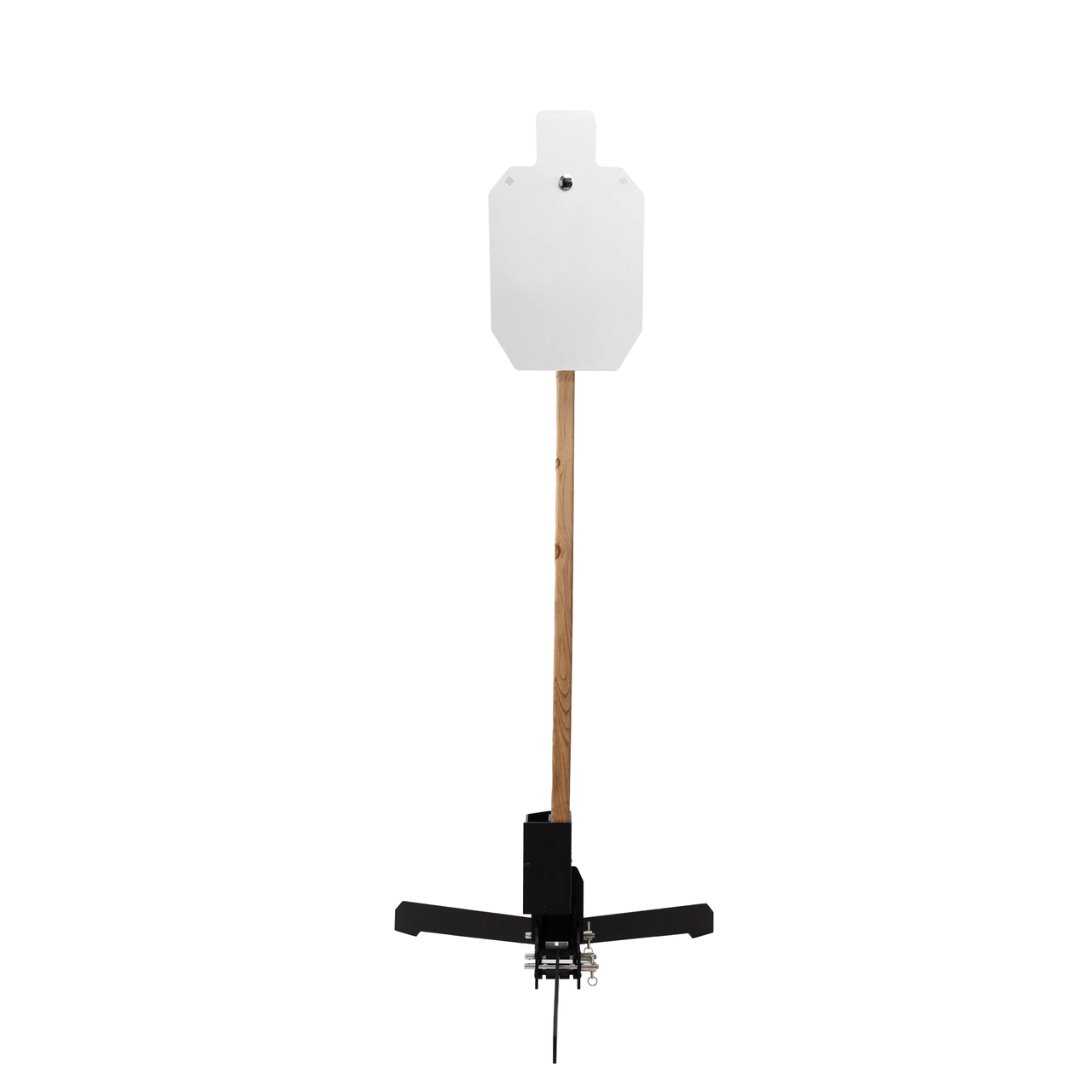 A white silhouette target on a wooden post is mounted to the Adjustable 2X4 Steel Target Stand by Double Tap Industries, featuring a sturdy black metal base.