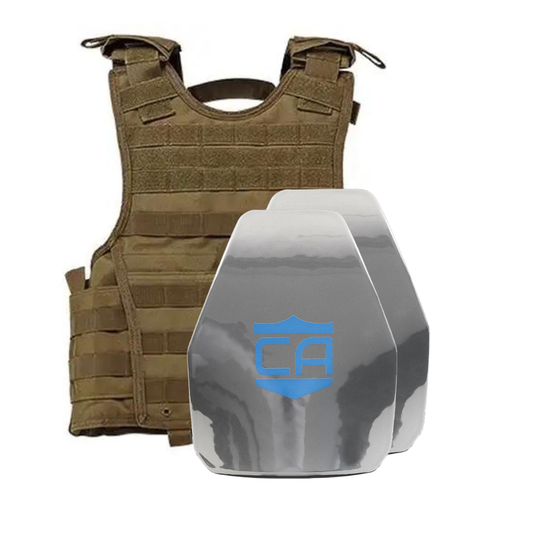 A Caliber Armor AR550 III+ VISM Expert 8x10 Body Armor Package by Caliber Armor is shown, with a brown tactical plate carrier vest behind two armor plates, the front plate featuring a blue logo.