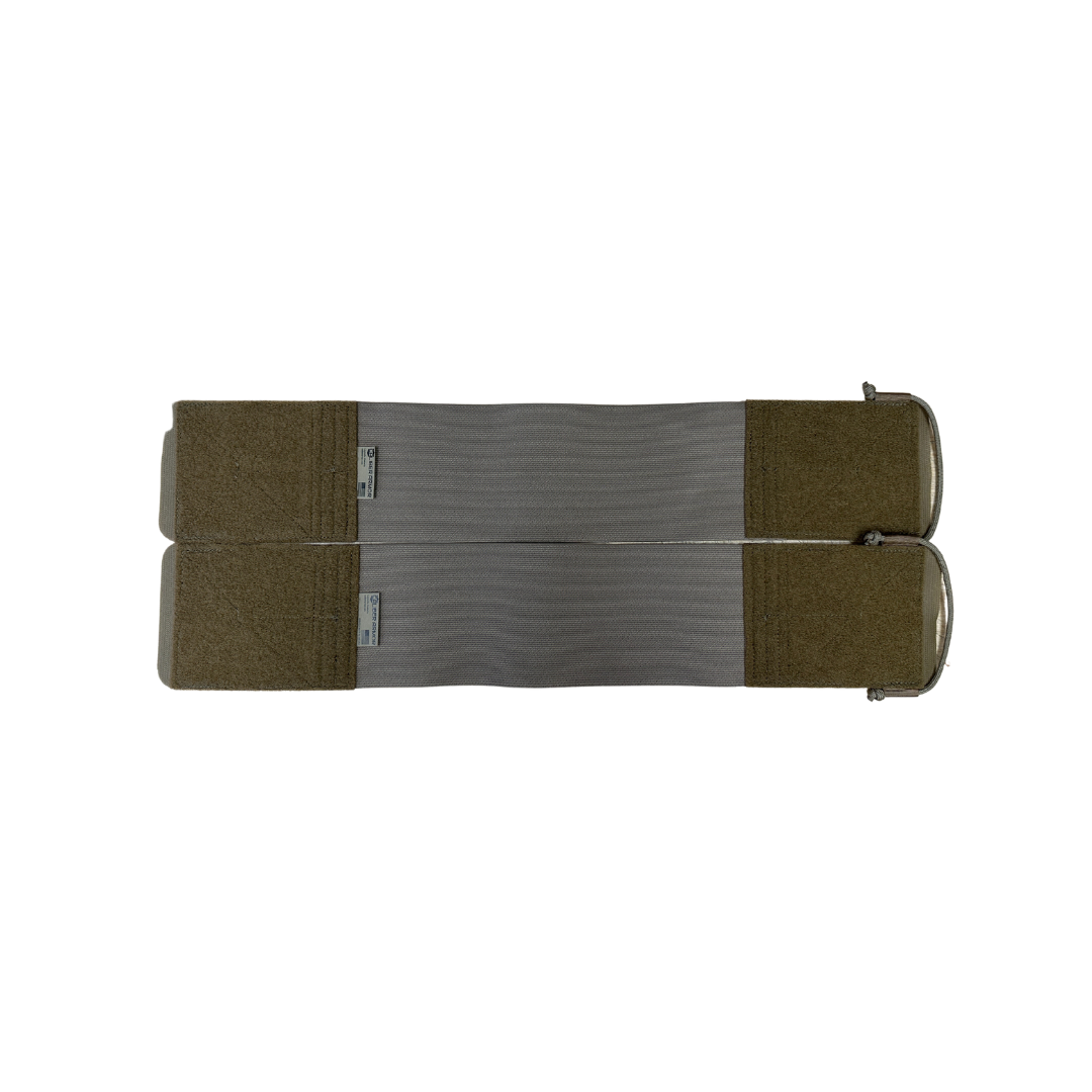 The Caliber Armor DV8 Replacement Cummerbund features olive green and gray elastic straps with metal buckles—perfect for upgrading your armor plate carrier.