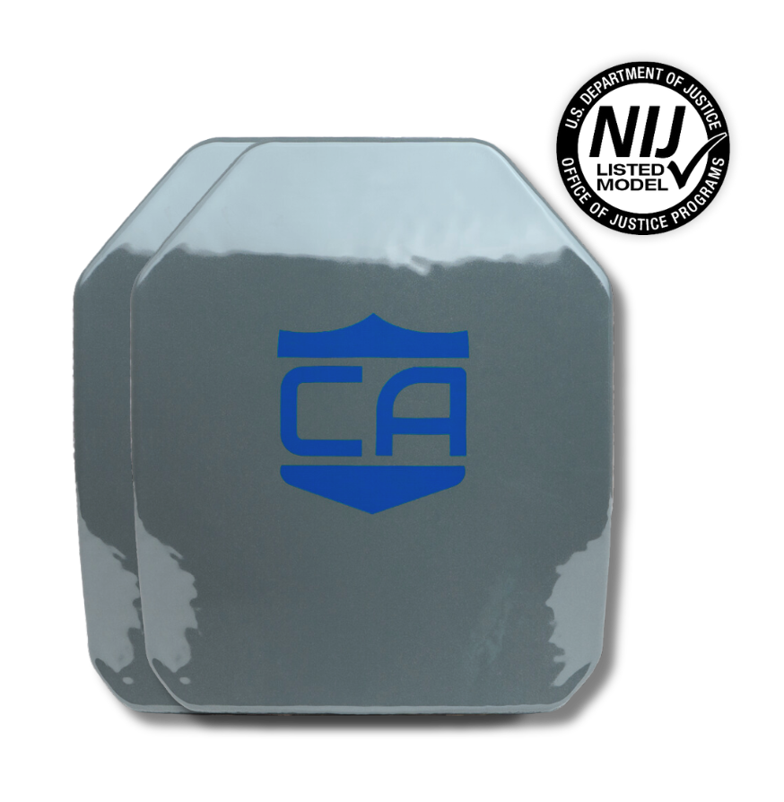 Two gray Caliber Armor AR550 III+ Multi-Curve Body Armor Plates with blue "CA" logos, slightly overlapping, are shown beside an NIJ Listed Model certification badge in the top right corner.