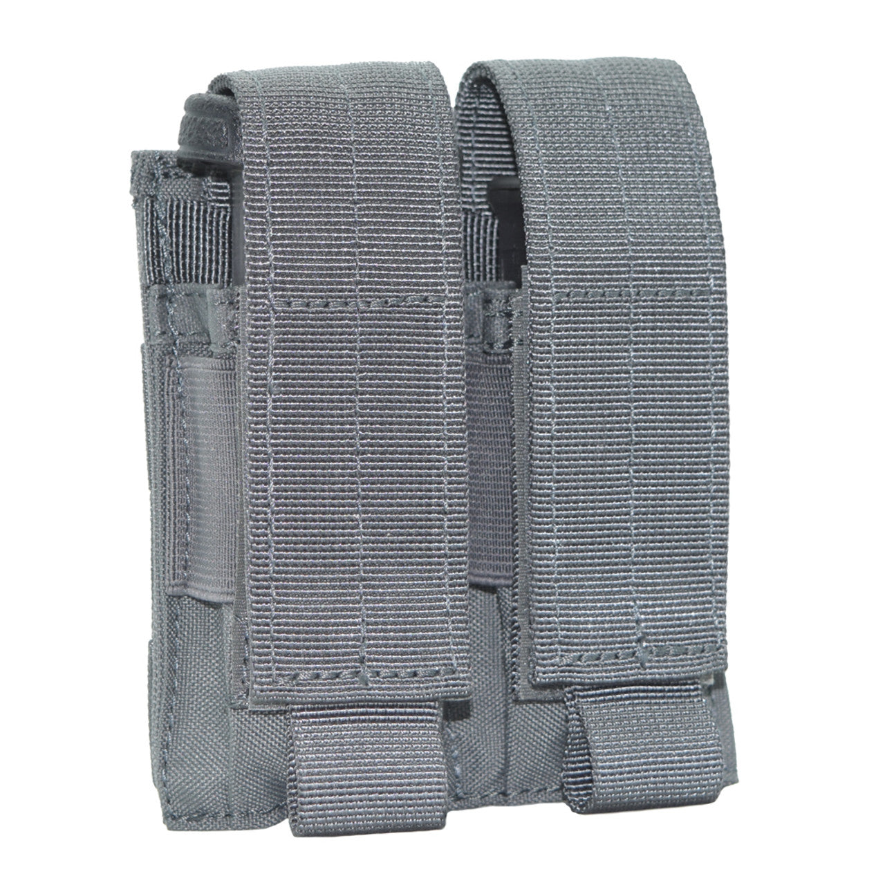 A pair of gray Shellback Tactical holsters with two Shellback Tactical Double Pistol Mag Pouches.
