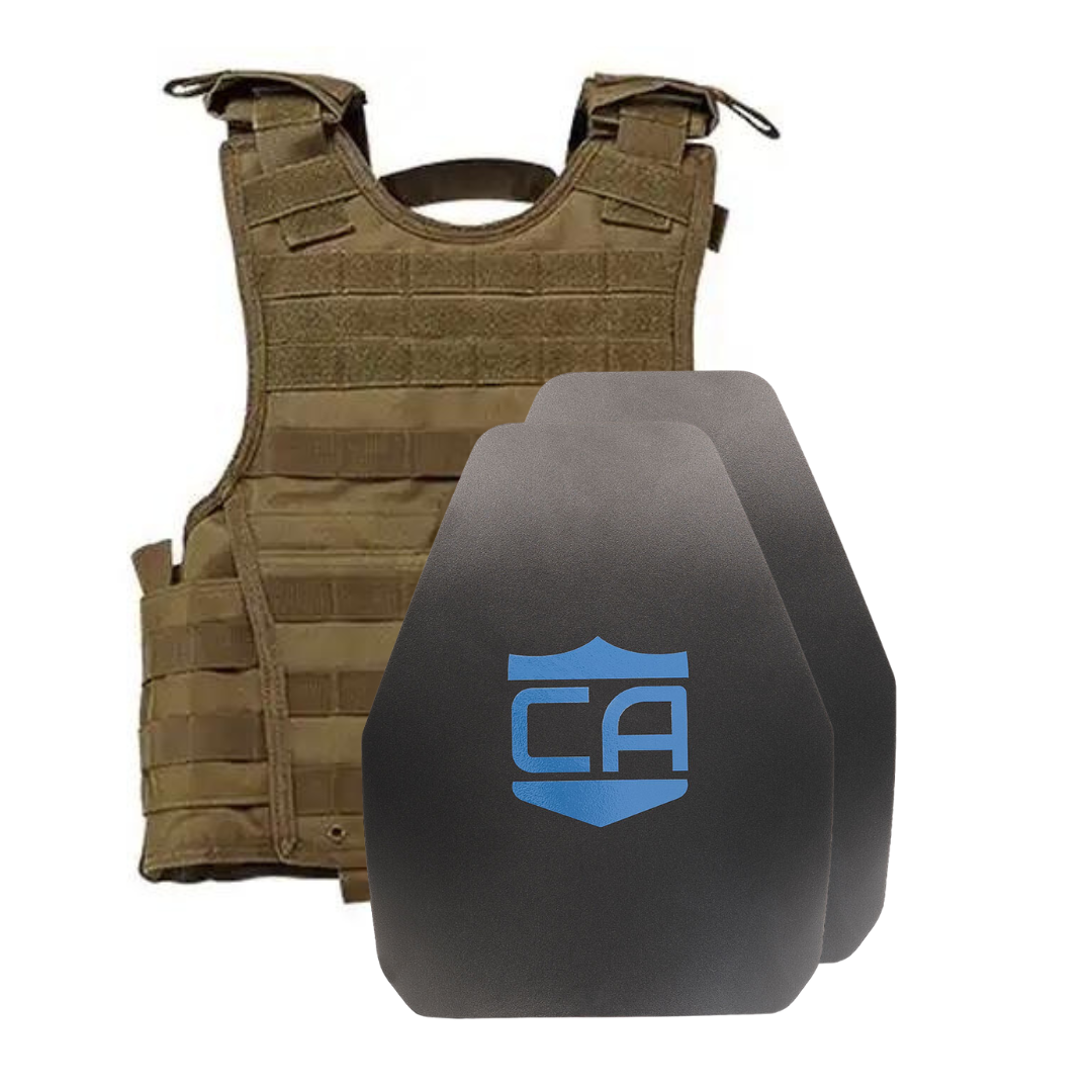 The Caliber Armor AR550 III+ VISM Expert 8x10 Body Armor Package shows a tan tactical vest behind two black Caliber Armor AR550 Level III+ plates, each featuring a blue "CA" logo.