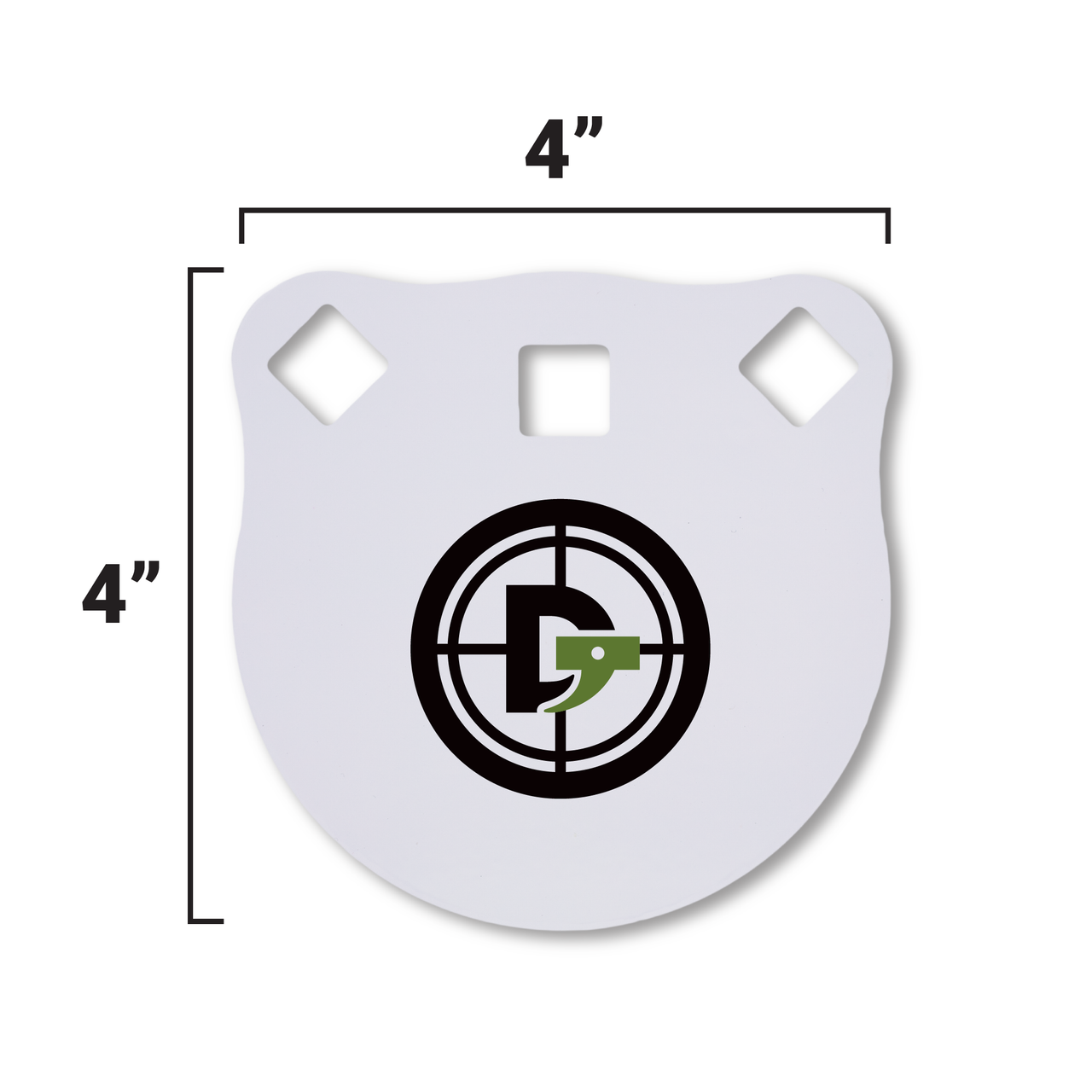 Double Tap Industries 3/8" AR500 Steel Gongs—4x4" white, shield-shaped target with three holes and a black "D" logo plus green snake—perfect for precision shooting.