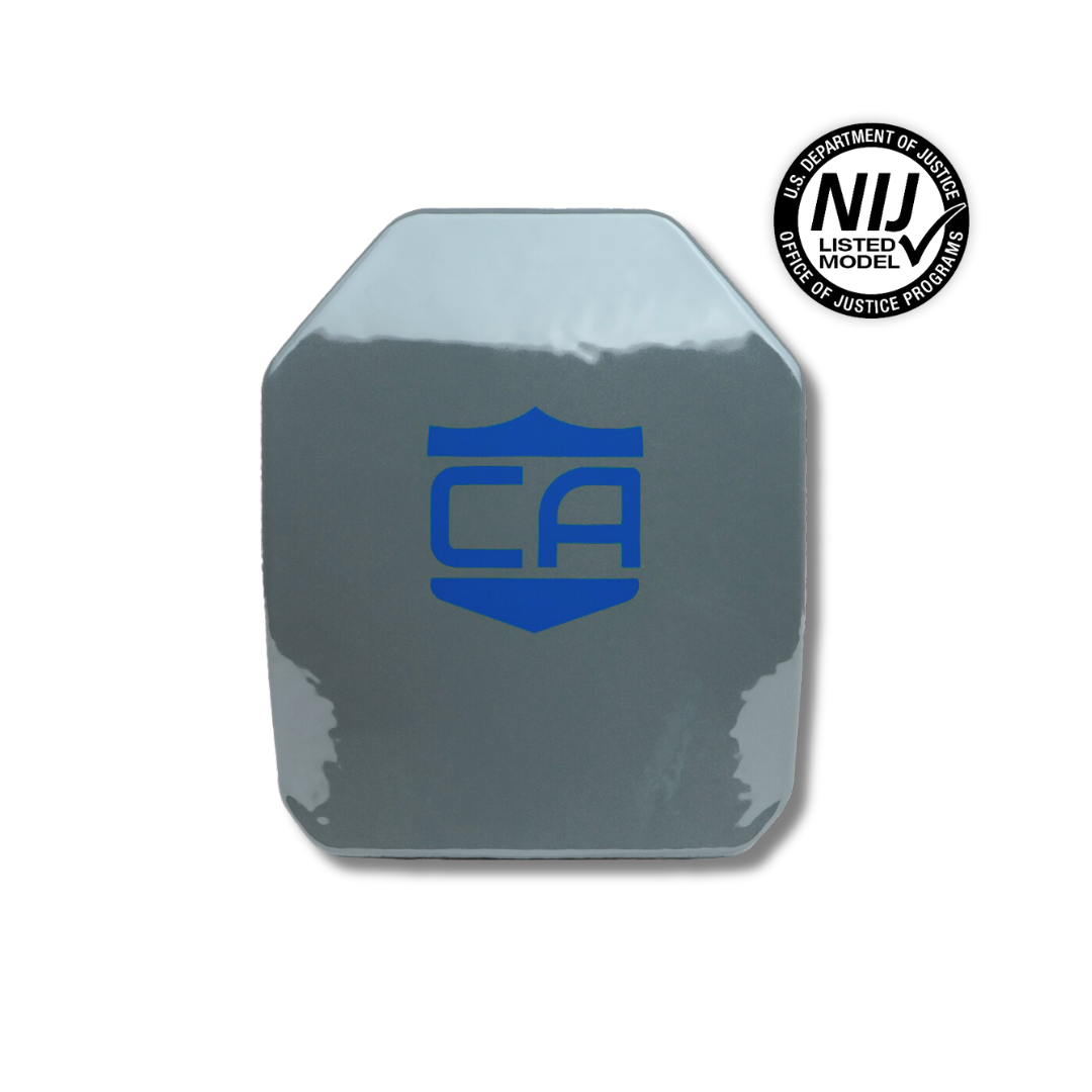 Gray Caliber Armor AR550 III+ Multi-Curve Body Armor plate with a blue shield and "CA" logo at the center; NIJ listed model certification badge appears in the top right corner.