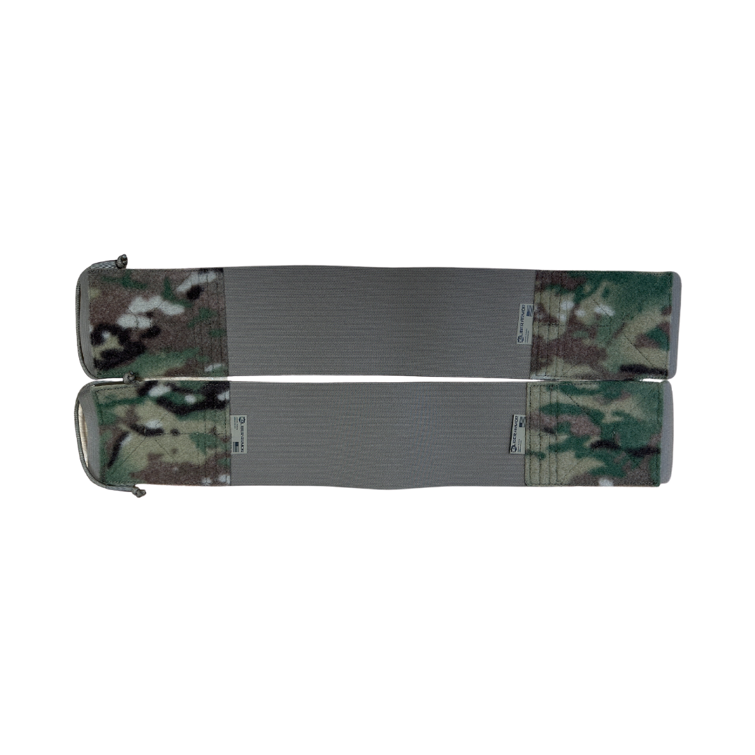 Two camouflage-patterned elastic bands with Velcro fasteners from Caliber Armor—perfect as the Caliber Armor DV8 Replacement Cummerbund or for upgrading your plate carrier cummerbund setup.