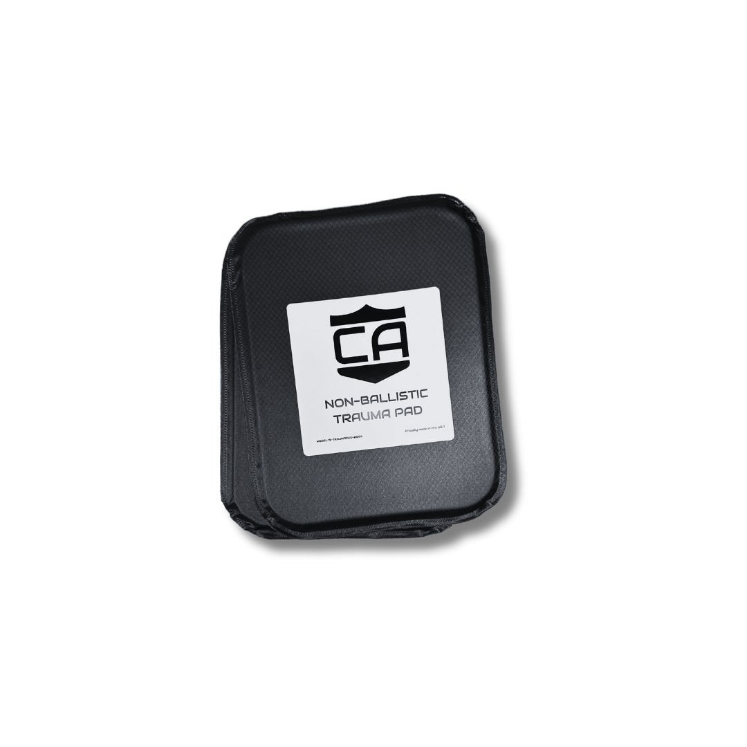 A black Caliber Armor Extreme Impact Trauma Pad - Side Pads for body armor protection, featuring a white label with the CA logo and product details, photographed on a white background.