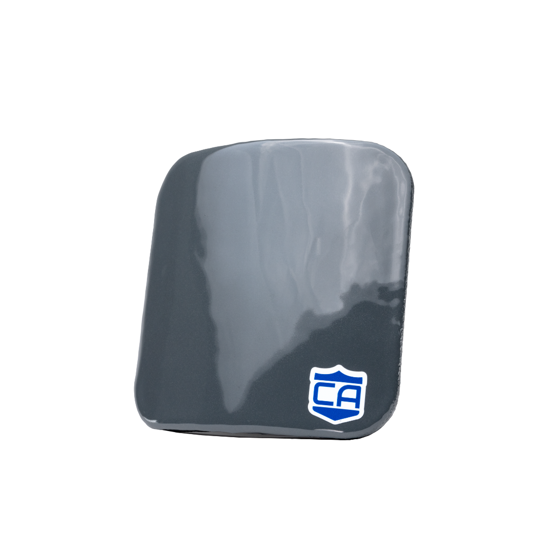 The AV2 RF2 Side Plates by Caliber Armor are dark gray, slightly curved rectangular ballistic inserts featuring a small blue and white "CA" shield logo in the bottom right, designed to meet NIJ RF2 body armor standards.
