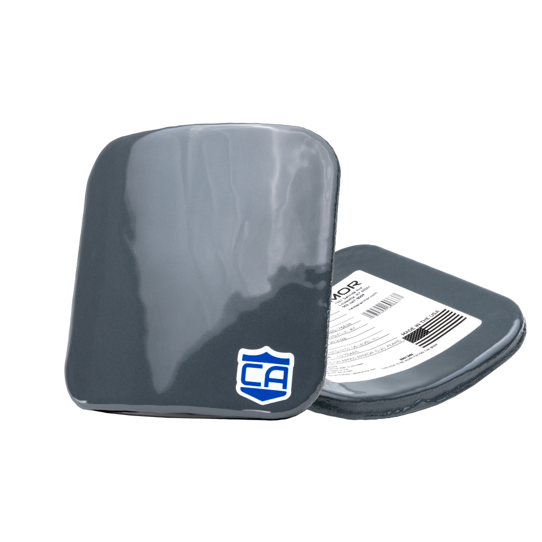 Two rectangular black Caliber Armor AR550 III+ Steel Body Armor Side Plates are shown: one has a blue and white logo, the other displays product info and a barcode. These plates also offer an optional anti-spall coating.