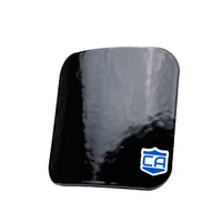 Thumbnail for A black, rectangular Caliber Armor AR550 III+ Steel Body Armor Side Plate features a blue and white 
