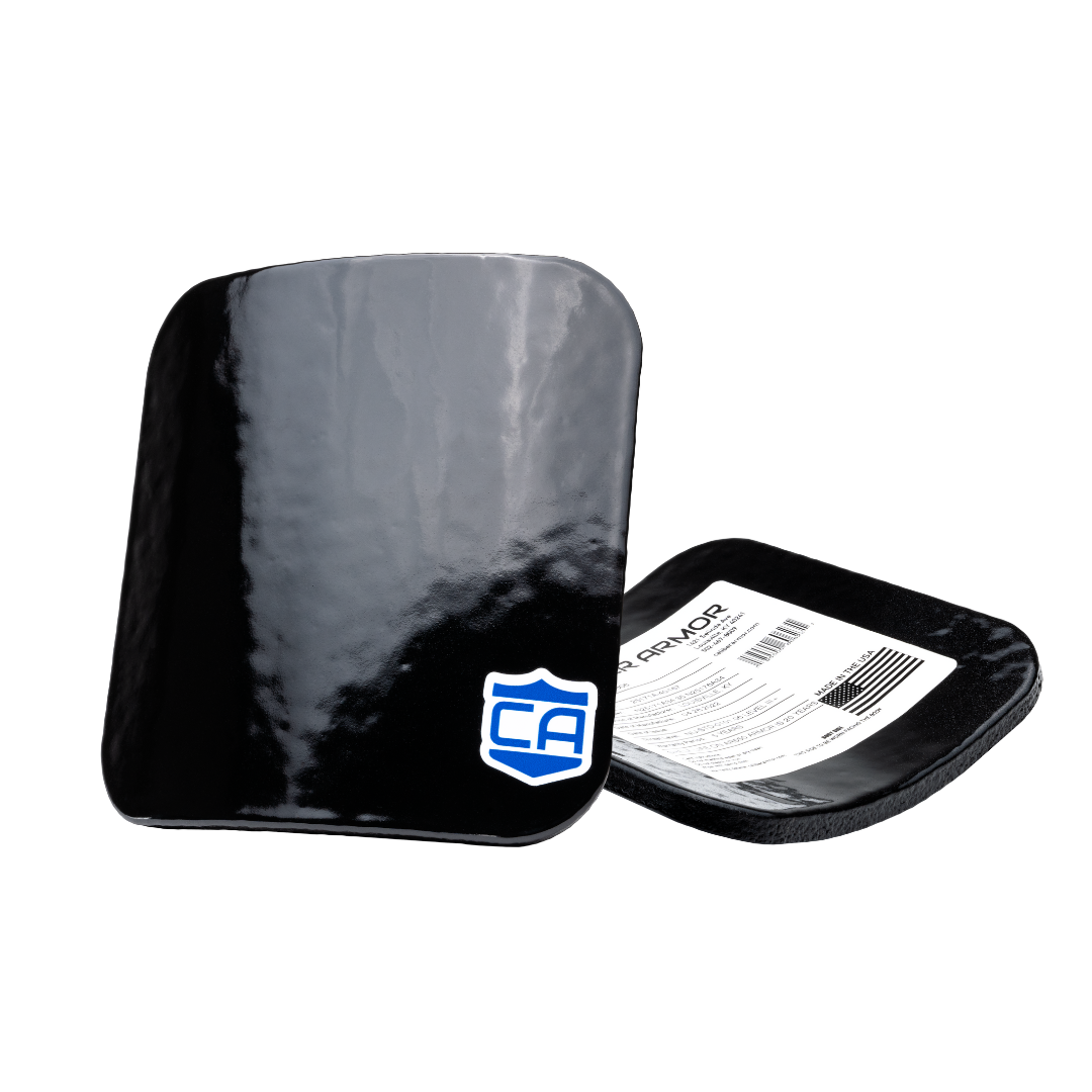 Two black Caliber Armor AR550 III+ Steel Body Armor Side Plates—one has a blue shield logo, the other features a white product info label and anti-spall coating on the back.