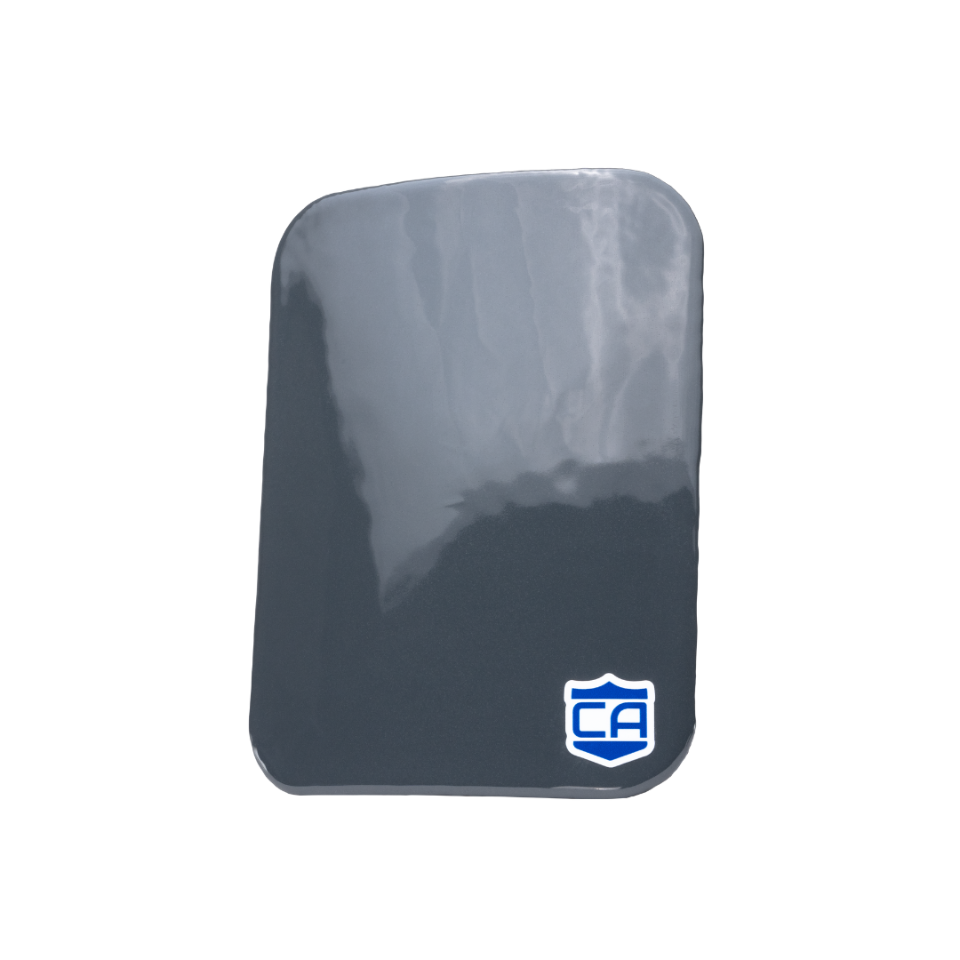 A rectangular AR550 III+ Steel Body Armor Side Plate by Caliber Armor, dark gray with a slightly rounded top edge and a blue "CA" logo in the bottom right corner, is shown against a white background.