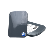 Thumbnail for Two rectangular, dark gray Caliber Armor AR550 III+ Steel Body Armor Side Plates; one has a logo, and the other features a barcode label plus anti-spall coating for enhanced protection.