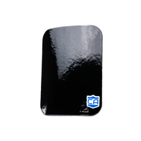 Thumbnail for A rectangular, glossy black AR550 III+ Steel Body Armor Side Plate by Caliber Armor features a blue and white shield logo in the bottom right corner, displayed on a plain white background.
