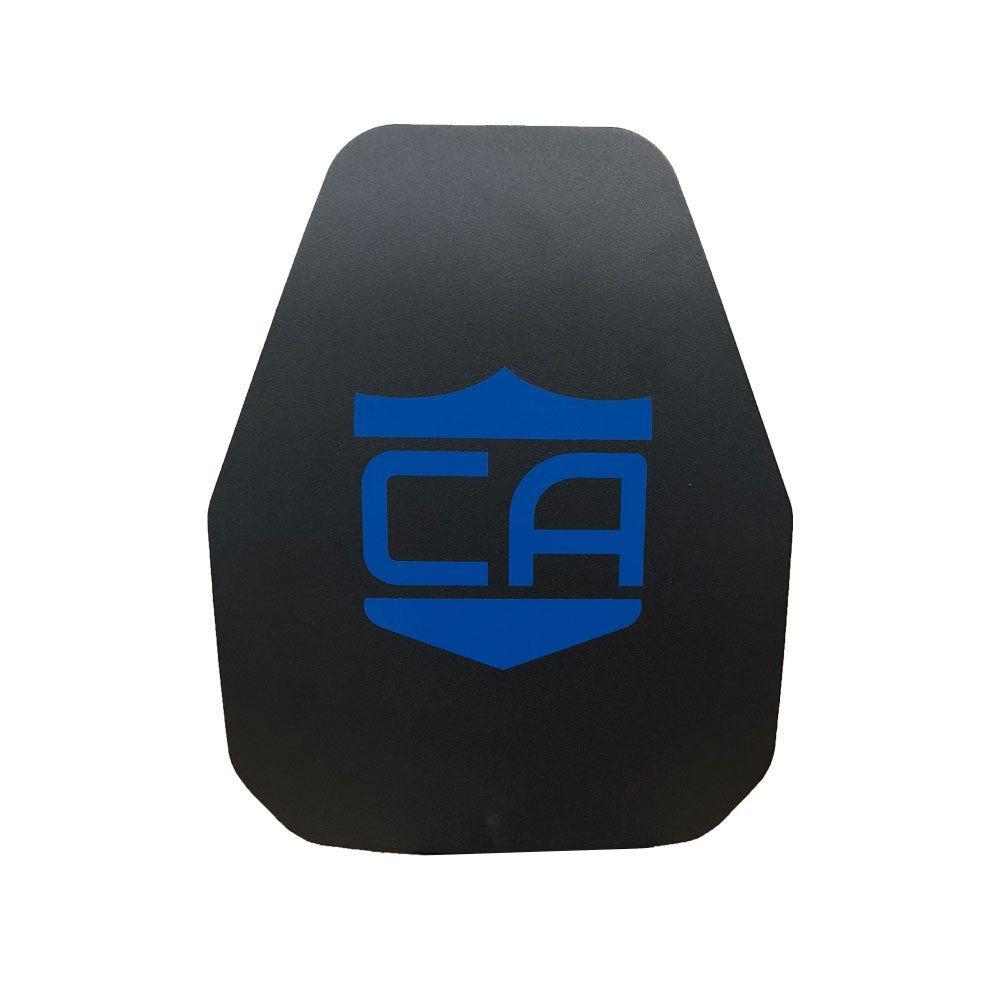 A black, polygonal Caliber Armor AR550 III+ Multi-Curve Body Armor plate featuring a blue shield logo with "CA" in the center.