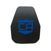 Thumbnail for A black, polygonal Caliber Armor AR550 III+ Multi-Curve Body Armor plate featuring a blue shield logo with 