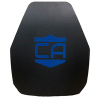 Thumbnail for The Caliber Armor AR550 III+ Multi-Curve Body Armor is a black ballistic plate with a blue shield 