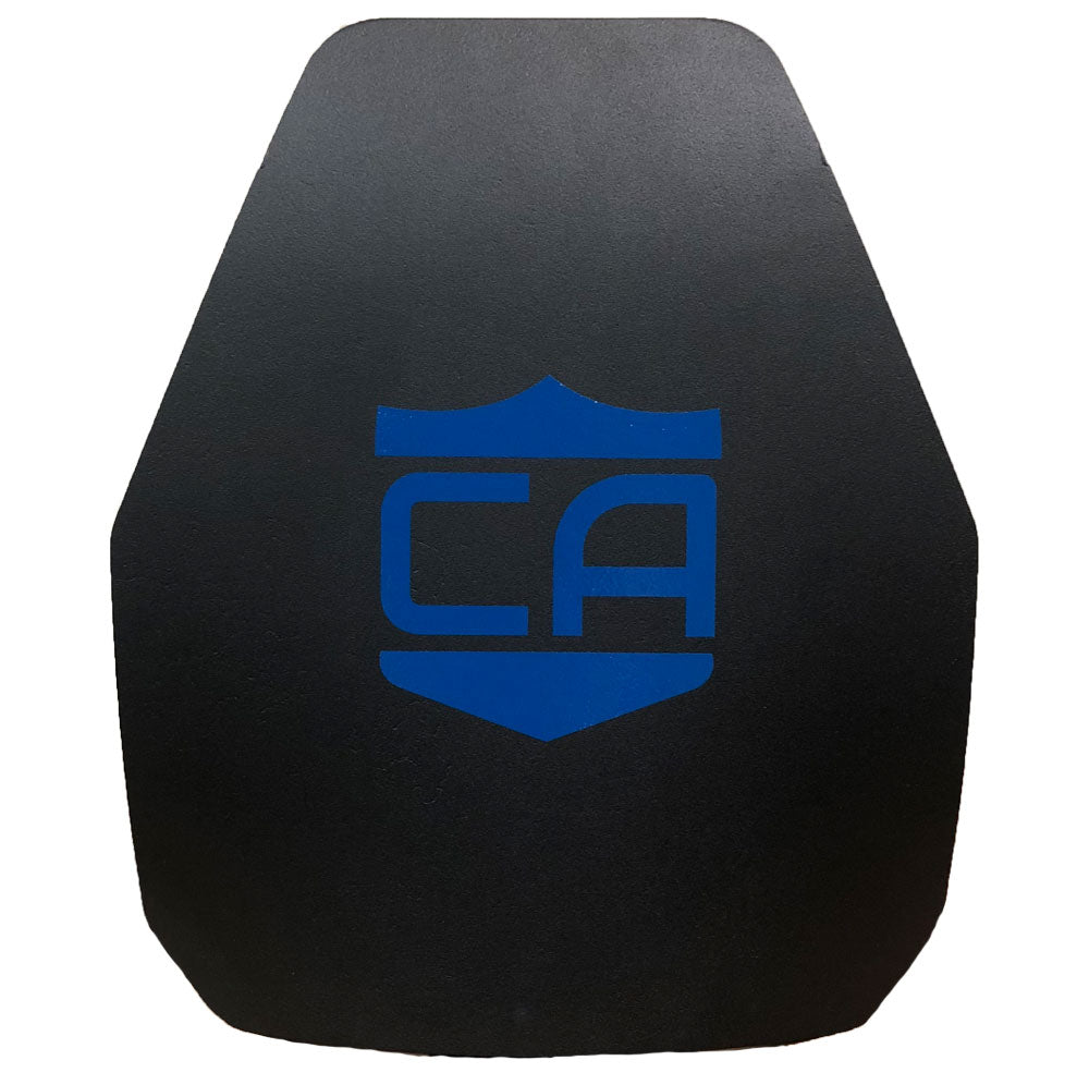 The AR550 III+ Multi-Curve Body Armor by Caliber Armor is a black plate featuring a blue shield logo with the letters "CA" on the front.