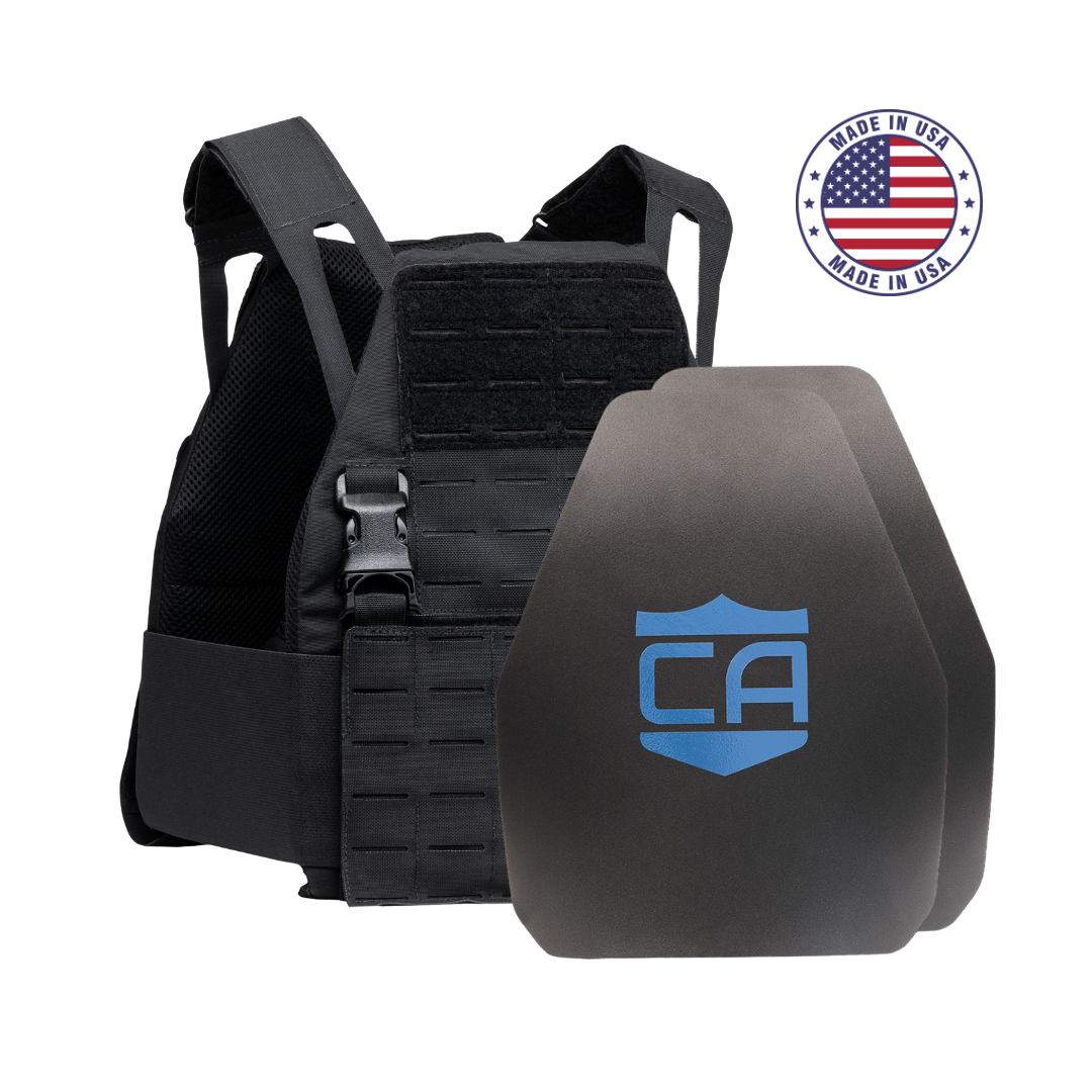 The Caliber Armor AR550 DV8 Level III+ Body Armor Package includes a black tactical vest with two AR550 plates featuring blue "CA" logos and a "Made in USA" badge in the top right corner.