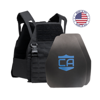 Thumbnail for The Caliber Armor AR550 DV8 Level III+ Body Armor Package includes a black tactical vest with two AR550 plates featuring blue 