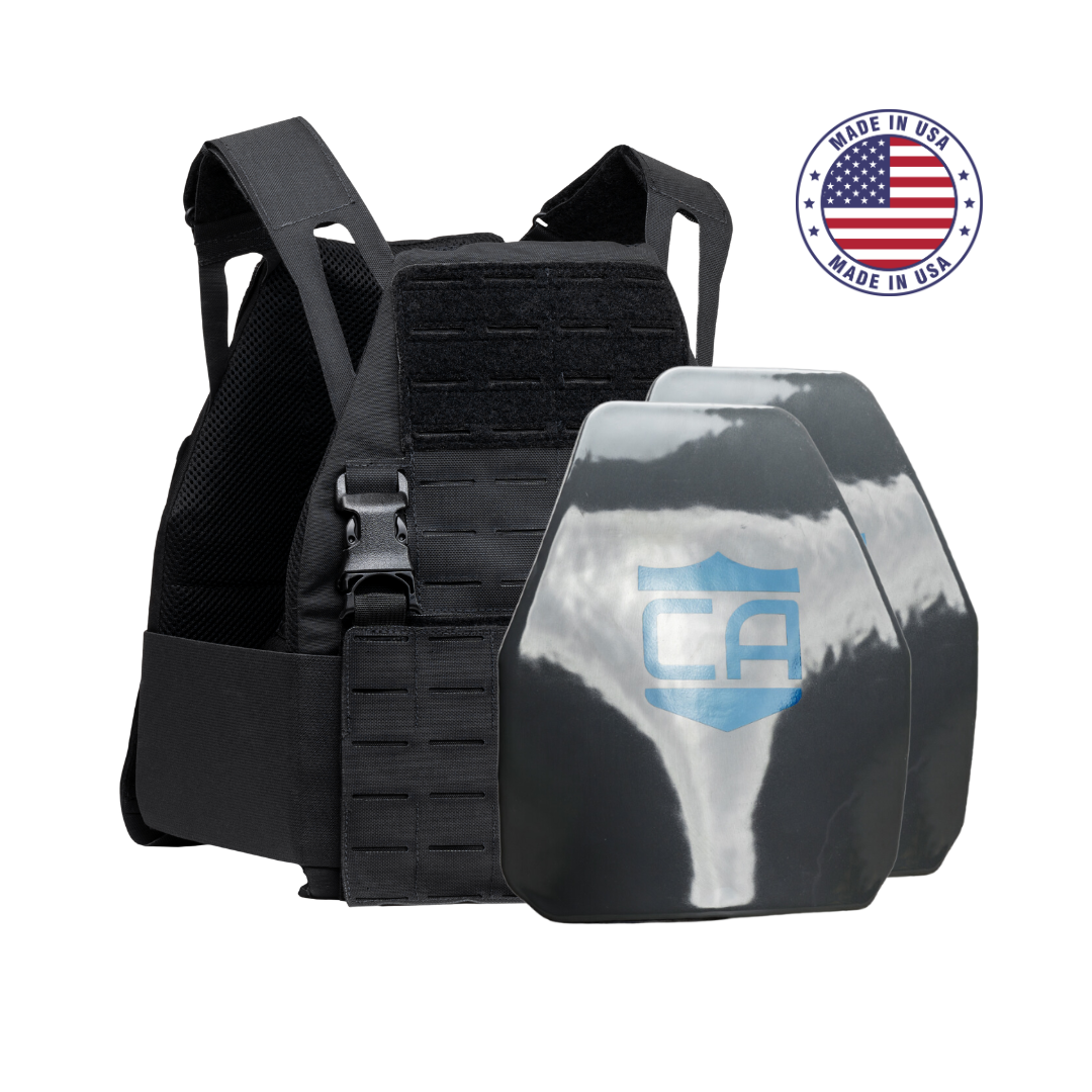 The Caliber Armor Caliber AR550 DV8 Level III+ Body Armor Package features a black tactical vest with two AR550 plates in front, a blue "CA" logo, and a "Made in USA" badge.