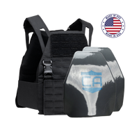 Thumbnail for The Caliber Armor Caliber AR550 DV8 Level III+ Body Armor Package features a black tactical vest with two AR550 plates in front, a blue 