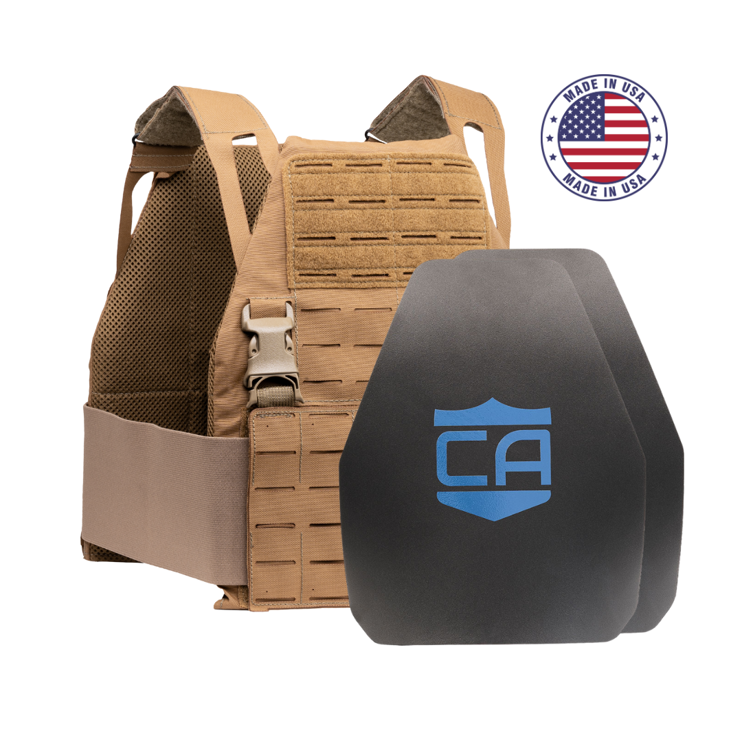The Caliber Armor AR550 DV8 Level III+ Body Armor Package includes a tan plate carrier and two black AR550 plates with a blue "CA" logo, displayed alongside a "Made in USA" badge featuring the American flag.