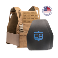 Thumbnail for The Caliber Armor AR550 DV8 Level III+ Body Armor Package includes a tan plate carrier and two black AR550 plates with a blue 