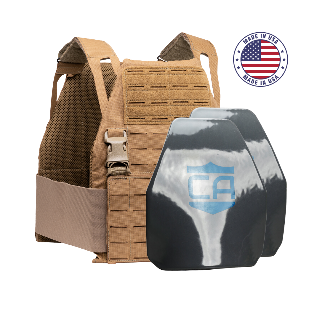 Caliber Armor Caliber AR550 DV8 - Level III+ Body Armor Package in tan, includes two black AR550 plates in front, shown with a "Made in USA" badge displaying the American flag.