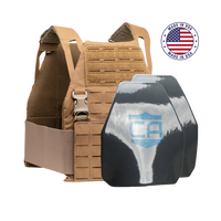 Thumbnail for Caliber Armor Caliber AR550 DV8 - Level III+ Body Armor Package in tan, includes two black AR550 plates in front, shown with a 