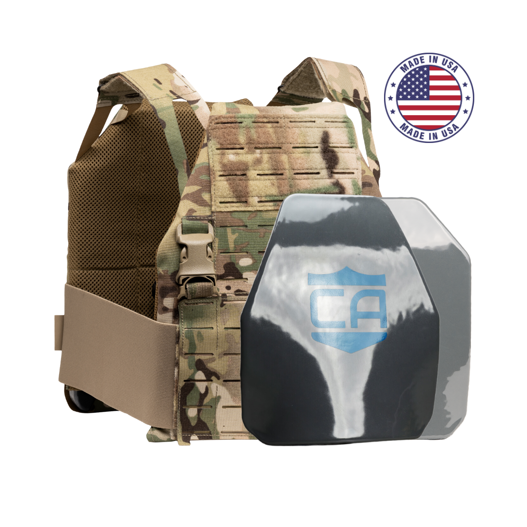 The Caliber Armor Caliber AR550 DV8 - Level III+ Body Armor Package is a camouflage tactical vest with a removable AR550 plate in the front and features a “Made in USA” badge at the top right.