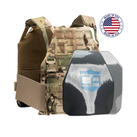 Thumbnail for The Caliber Armor Caliber AR550 DV8 - Level III+ Body Armor Package is a camouflage tactical vest with a removable AR550 plate in the front and features a “Made in USA” badge at the top right.