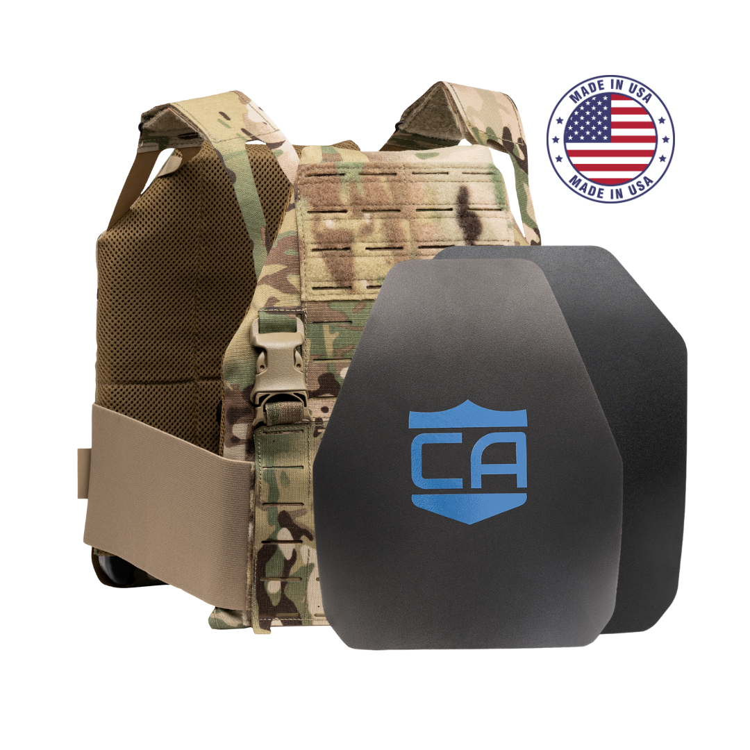 Caliber Armor Caliber AR550 DV8 - Level III+ Body Armor Package tactical vest with two black AR550 plates, blue shield logo, and "Made in USA" badge.