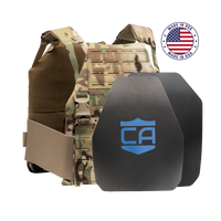 Thumbnail for Caliber Armor Caliber AR550 DV8 - Level III+ Body Armor Package tactical vest with two black AR550 plates, blue shield logo, and 