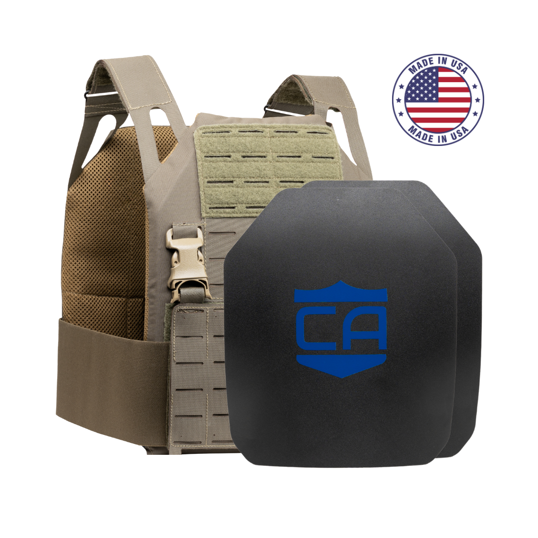 Caliber Armor Caliber AR550 DV8 - Level III+ Body Armor Package includes a tactical vest with two black AR550 plates featuring a blue "CA" logo; "Made in USA" badge displayed in the corner.